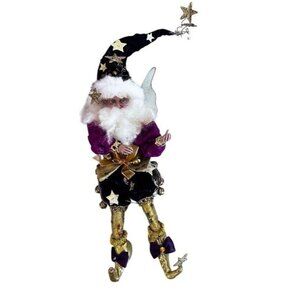 Mark Roberts Fairy Wizard Elf Santa Figurine Decor Purple/Gold Velvet Stars Bell